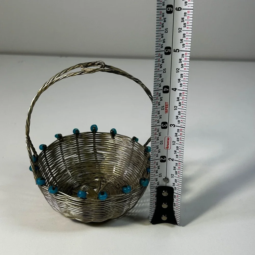 Vintage Silver Wire Woven Miniature Basket with Turquoise Blue Glass Beads 3in